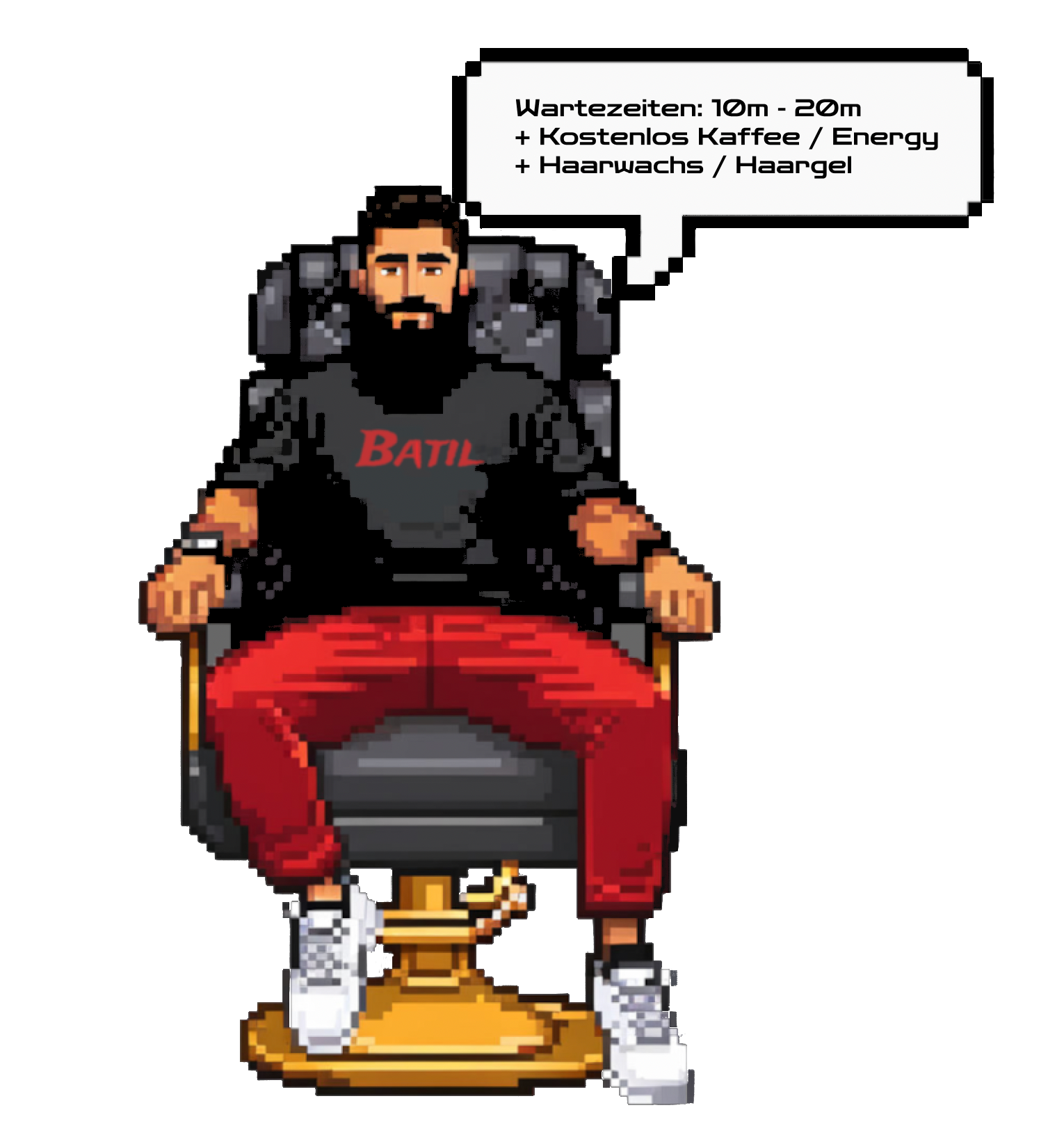 Barber sitzend in einem Stuhl sagt: 10-20 min Wartezeit + gratis Getränk